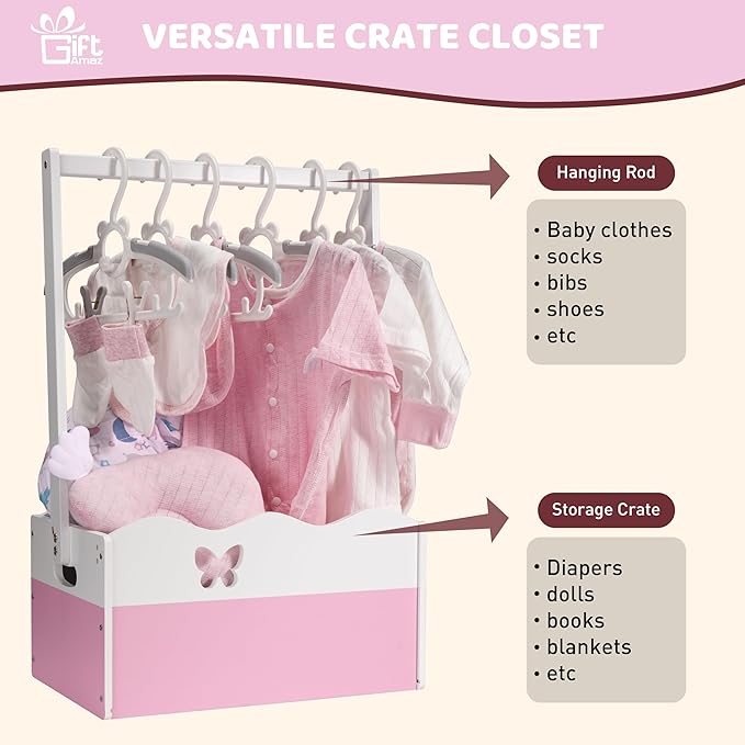 GiftAmaz Pink Wooden Baby Shower Crate Closet, Baby Storage Crate with Handle, Baby Shower Gifts Basket, Baby Welcome Box for Newborn Girls, Pregnancy Gifts for New Parents