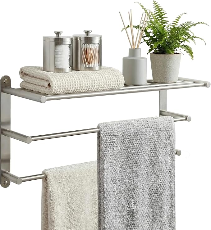 Bathroom Towel Rack Wall Mounted: 24 Inch Brushed Nickel Towel Rack with Double Towel Bar - SUS304 Stainless Steel Bath Towel Holder with Shelf for Hotel Lavatory