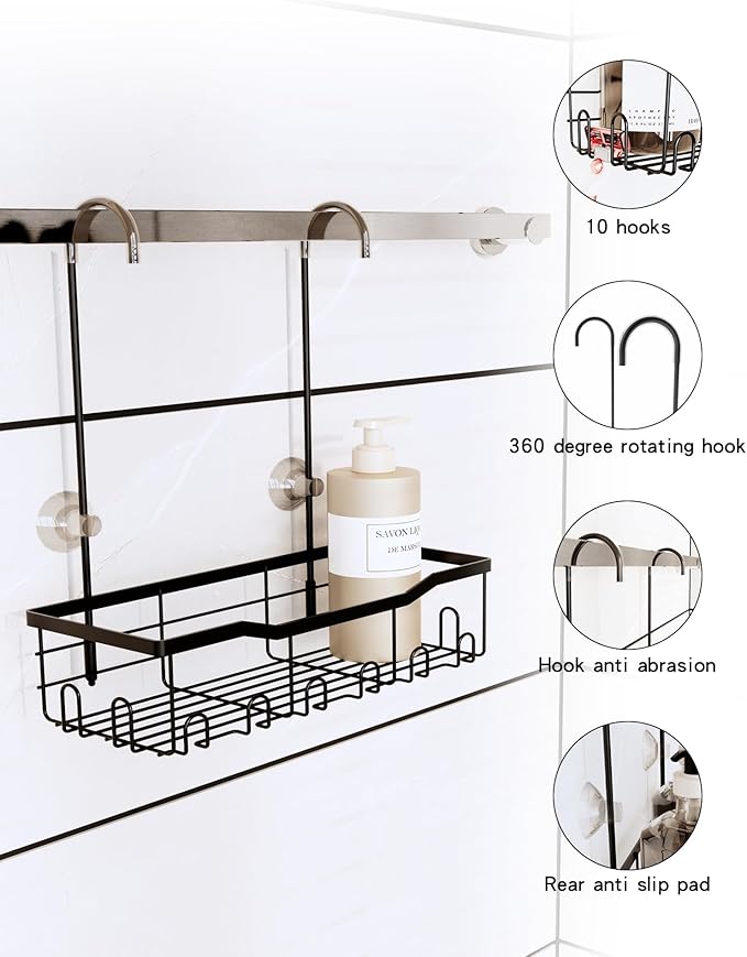 Slizy Hanging Shower Rack, Black Bathroom Storage Rack, Bathroom Door Organizer, Hanging Shower Basket, Shampoo Holder, No Drilling Required, Organizes Essentials, Black(Black Single-tier Shelf)