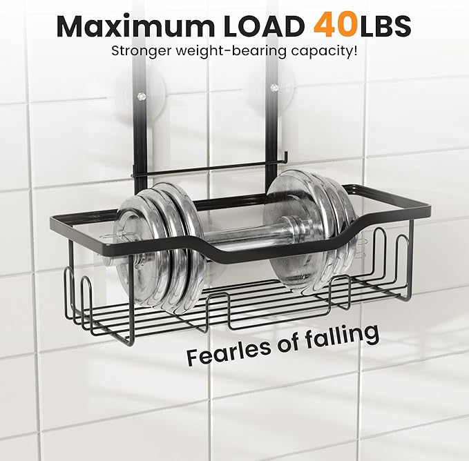 Shower Caddy Hanging 2-Tier Shower Organizer for Tall Showerhead,Rustproof Over Shower Head Rack,No Drill Bathroom Shower Caddy with Soap Dish,Toothbrush Holder and Hooks, Black