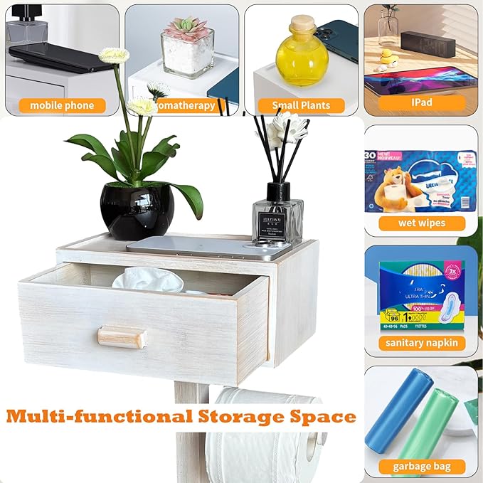 Freestanding Bathroom Toilet Paper Holder Stand with Shelf, Bamboo Toilet Paper Roll Holder with Wet Wipes Storage Drawer(Vintage White)