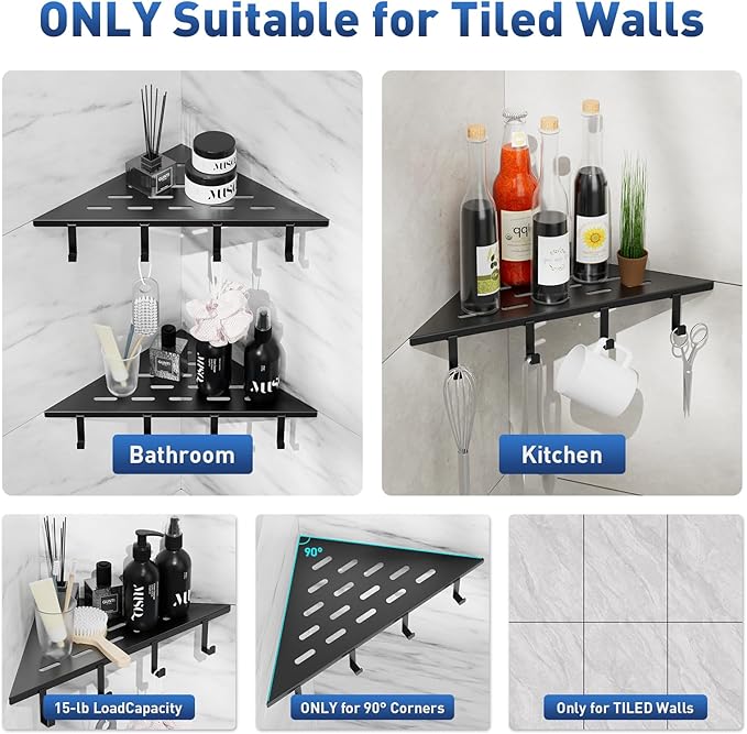 lives Corner Shower Shelves 2 Pack, 10" Black Corner Shelf for Bathroom, 304 Stainless Steel Grout in Bathroom Shower Shelf for Tiled Wall, Waterproof, Easy Install（with Hook）