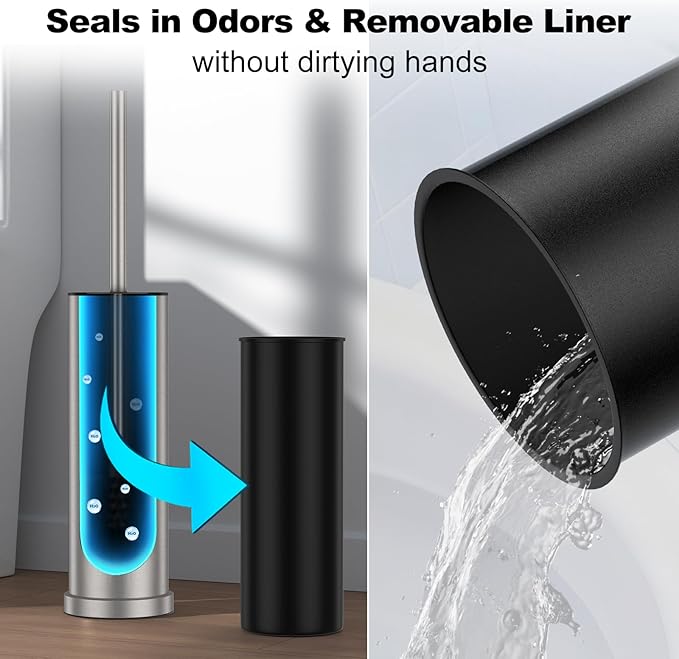 Stain Nickel Toilet Brush and Holder Set，2 Pack Stainless Steel Heavy Duty Toilet Bowl Brush，Extra Long Handled Toilet Cleaner Brush with Replaceable Head, Removable Inner Bowl & Splash Protection