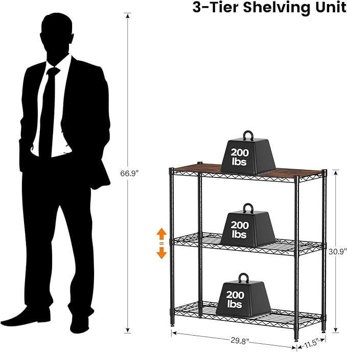 Homeiju 3-Tier Storage Rack, 29.8" Wide Heavy Duty Metal Shelving Unit, Top Tier with Removable Wood Board, 200 lbs Capacity per Shelf, for Pantry, Bathroom, Garage, Entryway, Plant Stand