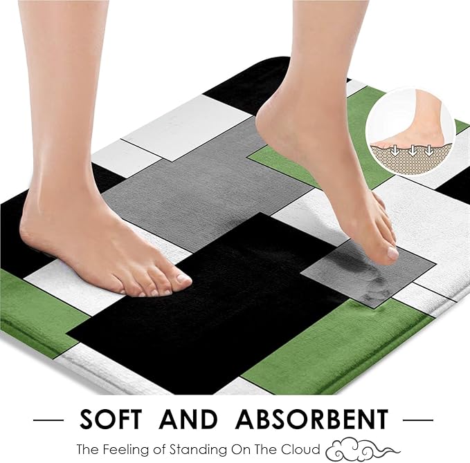 Sage Green Geometric Shower Curtain Set with Toilet Lid Cover and Non-Slip Rugs for Bathroom, Black Grey White Checkered 4 Pcs Shower Curtain, Modern Abstract Bathroom Set with 12 Hooks