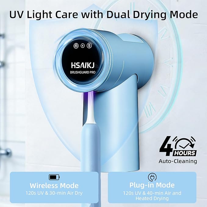 Wall Mounted Toothbrush Holder for Bathroom, Electric Toothbrush Organizer with Smart Lid Sensor, UV Light Care & Heated Air Drying, Magnetic Cup & Toothpaste Storage (Blue)