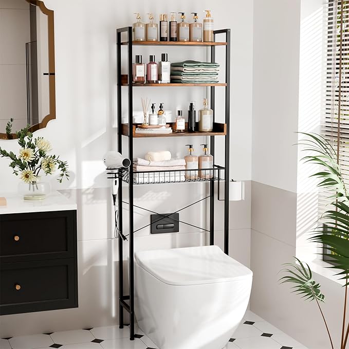 VINGLI Over-the-Toilet Storage Rack,4 Tier Bathroom Shelf Organizer Adjustable with Basket and Paper Holder,Freestanding Bathroom Space Saver Matal Stand with Feet Pad Above Toilet,Rustic Brown