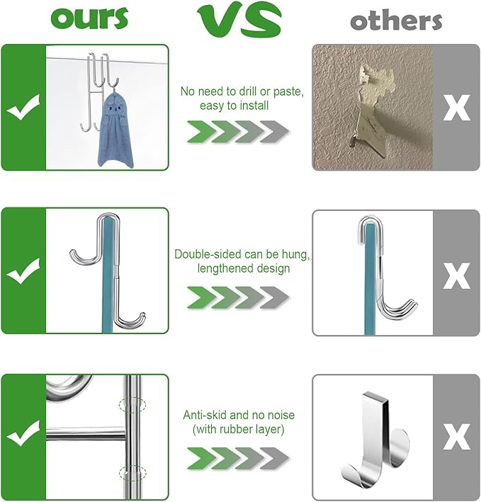 Cerbonny Shower Door Hooks, 2 Pack Extended Double Towel Hooks for Bathroom Frameless Glass Shower Door, Heavy Duty Stainless Steel Bathroom Hanger Without Perforation