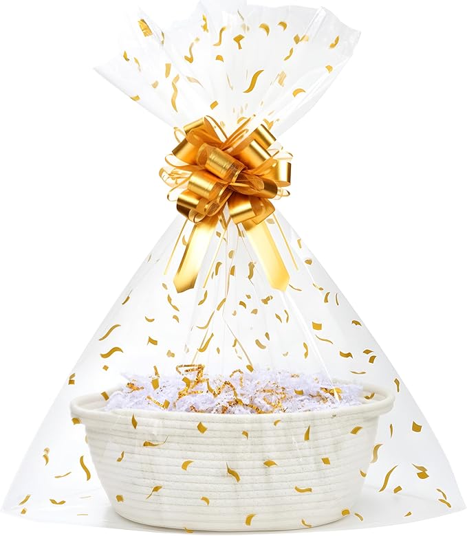 SUNCOLOR Small Woven Gift Basket Set with Cut Paper Shred Filler, Pull Bow & Cellophane Bag, 12x8x5 Inch Durable Cotton Rope Storage Basket for Easter, Baby Shower, Birthday, Holidays