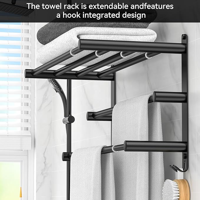 CAXIMSY Black Adjustable Towel Bar for Bathroom Wall Mount17-30.7inch Adhesive Shower Towel Rack Stainless Steel Bath Towel Holders for Toilet Kitchen Double Towel Hanger (Black 3-Layer Towel Rack)