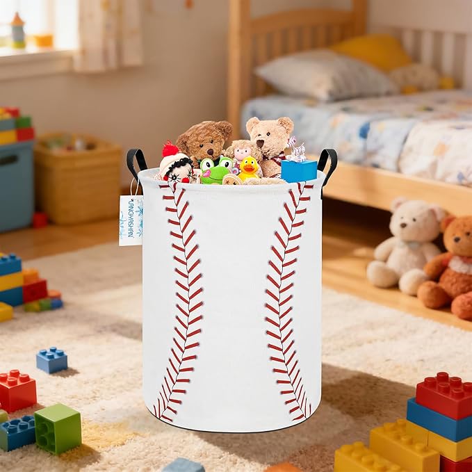 Laundry Basket Canvas Fabric Collapsible Organizer Basket for Storage Bin Toy Bins Gift Baskets Bedroom Clothes Children Nursery Hamper (Baseball)