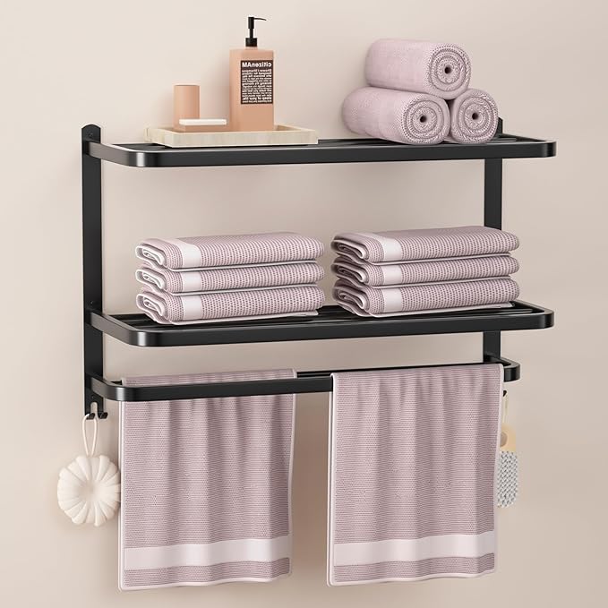 23 Inch 3-Tier Black Towel Racks for Bathroom with Towel Bars Multilayer Hotel Towel Shelf Stainless Steel Wall-Mounted Matte Finished Holder with Towel Shelves