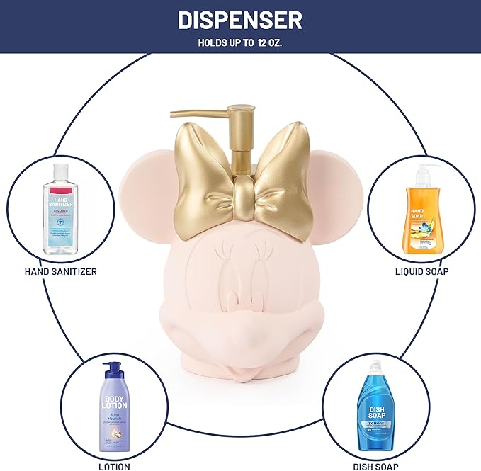 Jay Franco Disney Minnie Mouse Soap Dispenser - Pink Resin Lotion Pump - Bathroom Décor