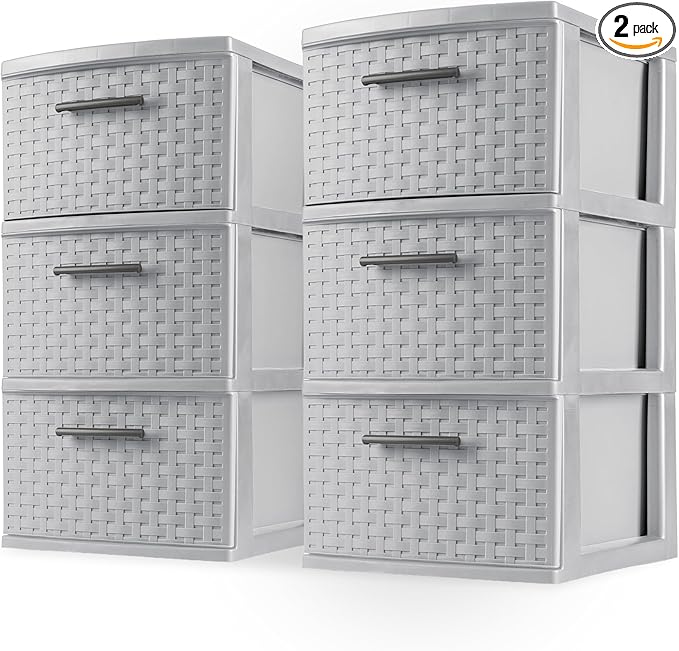 Sterilite 2 Pack 3 Drawer Storage Tower, Plastic Weave Medium Organizer, Cement - Lightweight Opaque Container for Bedrooms, Closets, or Bathrooms