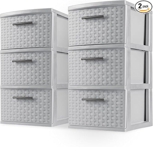 Sterilite 2 Pack 3 Drawer Storage Tower, Plastic Weave Medium Organizer, Cement - Lightweight Opaque Container for Bedrooms, Closets, or Bathrooms
