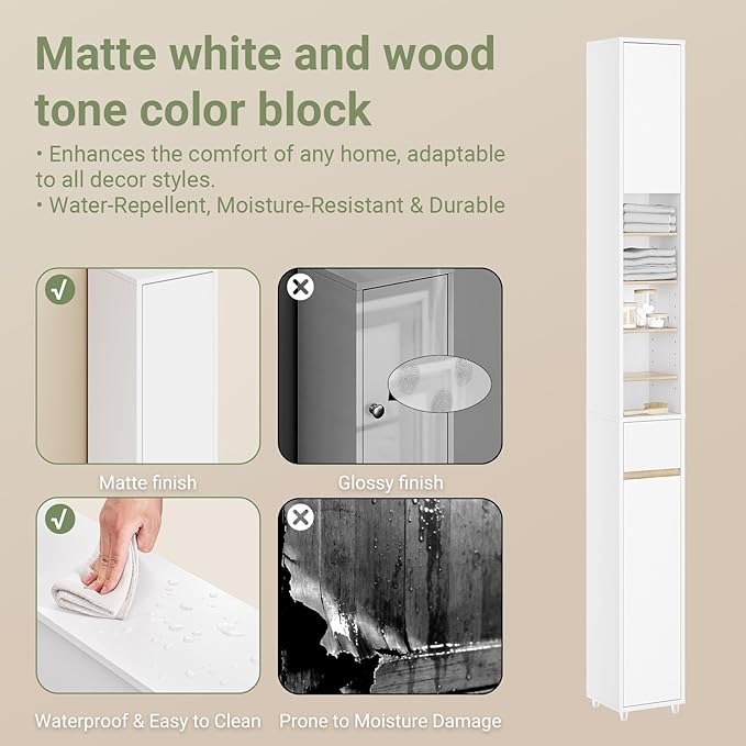 SoBuy Bathroom Narrow Storage Cabinet Skinny Tall Unit with Adjustable Shelves Slender Anti-Tipping Floor Standing Cupboard, White & Natural BZR34-WN