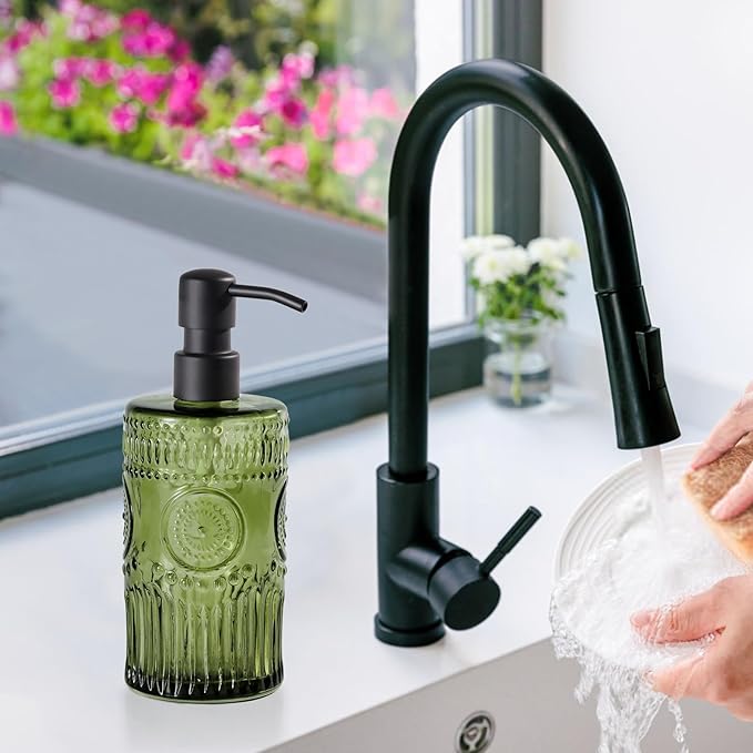 17 OZ Sunflower Embossed Glass Soap Dispenser - 2 Pack, with 304 Rust Proof Stainless Steel Pump, Glass Soap and Lotion Dispenser Set, Liquid Hand Soap Dispenser for Home, Kitchen & Bathroom (Green)