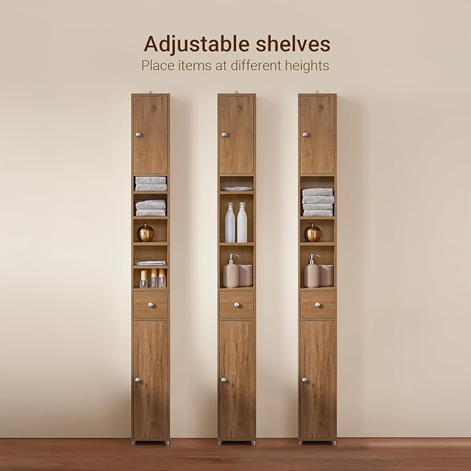 SoBuy Bathroom Narrow Storage Cabinet Skinny Tall Unit with Adjustable Shelves Slender Anti-Tipping Floor Standing Cupboard, Natural BZR34-PF