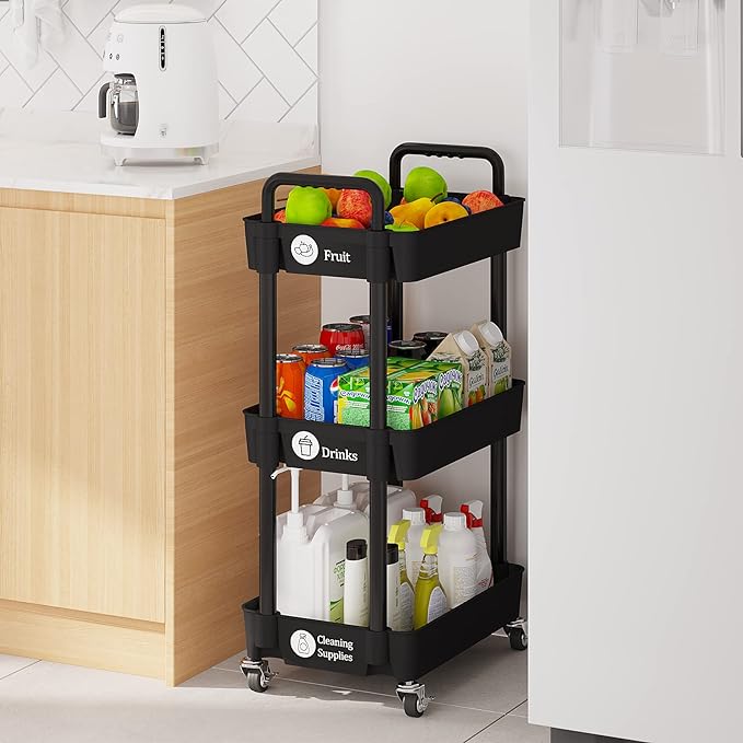 Laiensia 3-Tier Storage Carts,Multifunction Utility Rolling Cart Kitchen Storage Organizer,Mobile Shelving Unit Cart with Lockable Wheels for Bathroom,Laundry,Living Room,With Classified Sticker,Black