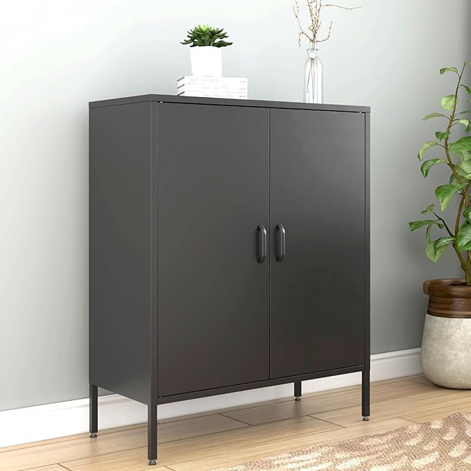 Bevivog Metal Locker Storage Cabinet, Home Office Metal Storage Cabinet Small Sideboard with 2 Doors and 2 Adjustable Shelves,40" Counter Cabinets for Office Garage Bathroom Living Room Hallway