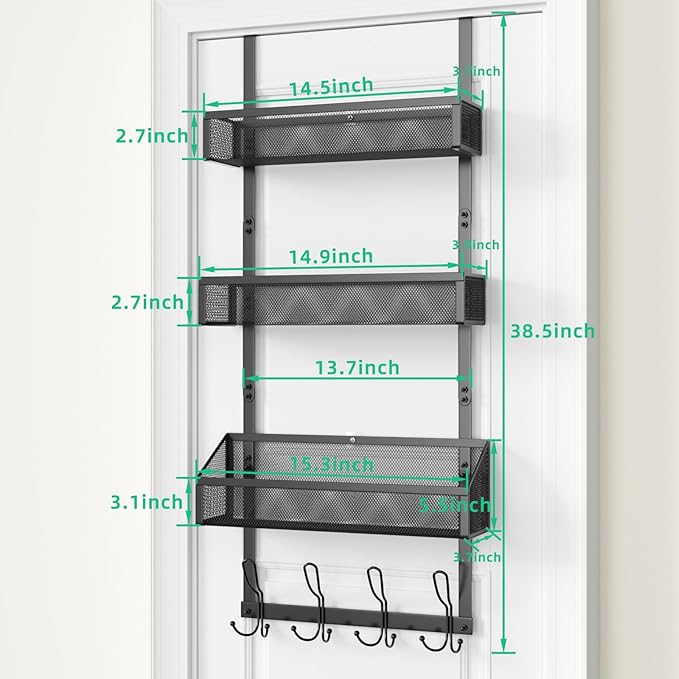 Over The Door Shower Caddy, Over The Door Hook Organizer with 12 Hooks & 3 Mesh Baskets – Space-Saving Towel Rack & Storage Hanger for Bathroom, Kitchen, Bedroom, No Drill Door Hooks, Black