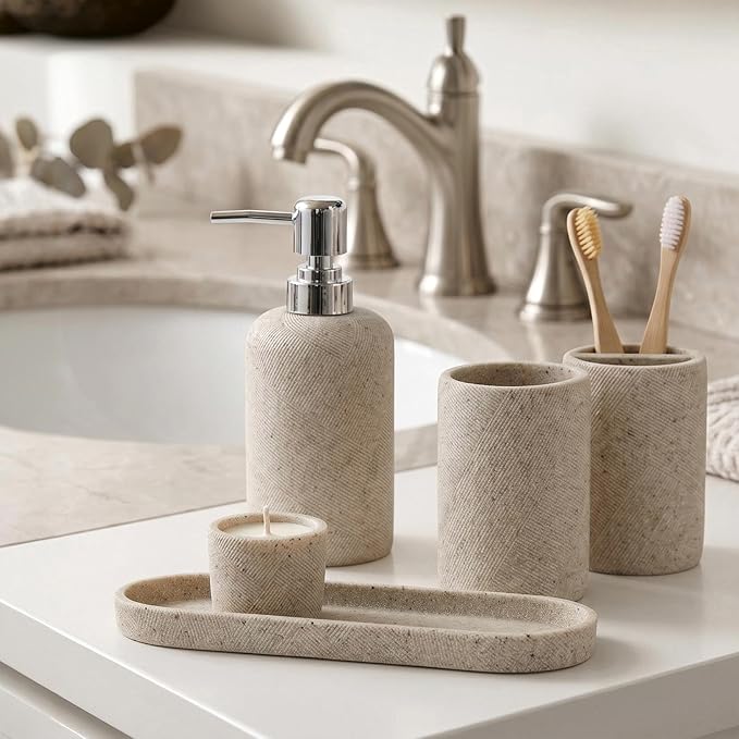 Bathroom Accessories Set, Bathroom Organizer Countertop, Soap Dispenser and Toothbrush Holder, Mouthwash Cup, Tray Set, Vanity Tray for Bathroom, 4 Pieces Modern Decor (Beige)