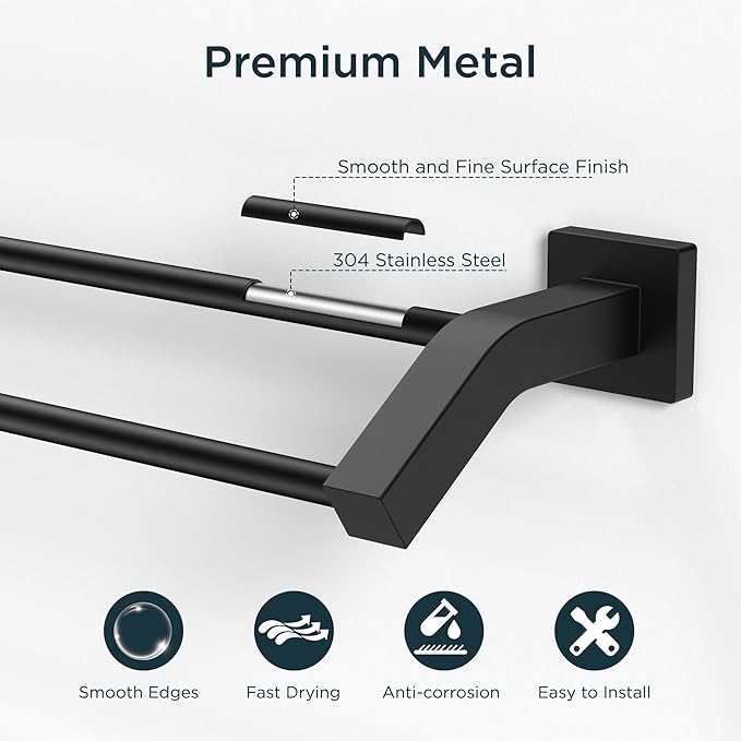 FORIOUS Double Towel Bar, 24 Inch Dual Towel Racks for Bathroom Wall Mounted, Thicken SUS304 Stainless Steel Bath Square Towel Rod Towel Holder Rail, Matte Black