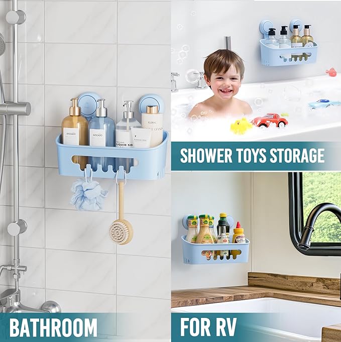 TAILI Shower Caddy Suction Cup, Heavy Duty Bathroom Organizer, Removable Shelves for Inside Shower, Shampoo, Waterproof Suction Plastic Storage for Bathroom Accessories Holder, Blue