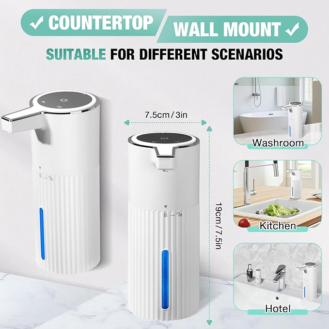 2 Pack Automatic Soap Dispenser: 14oz Plastic - Foaming Touchless 4 Level Adjustable Wall Mount Foam White Rechargeable Electric Auto Smart Soap Dispenser Set - Bathroom Kitchen Hand Dish Lotion