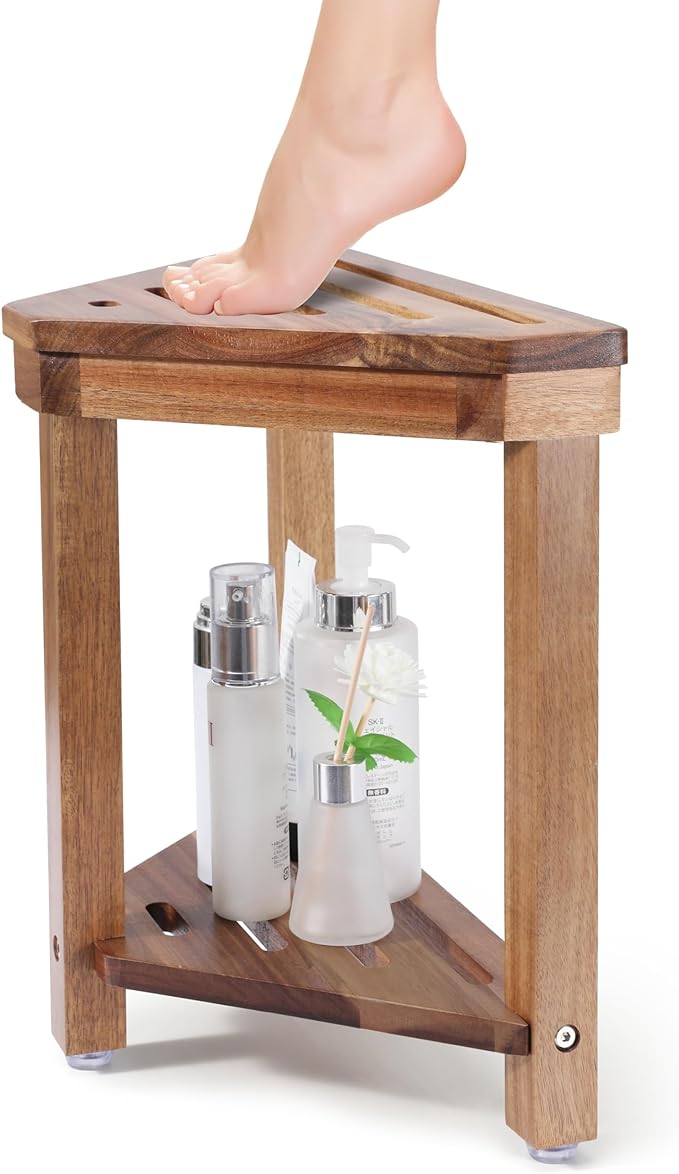 Boulphia Shower Foot Rest 14in, Acacia Wood Shower Stool for Shaving Legs, Waterproof Corner Shower Stool with Storage Shelf for Inside Small Shower Spaces, Wood Color