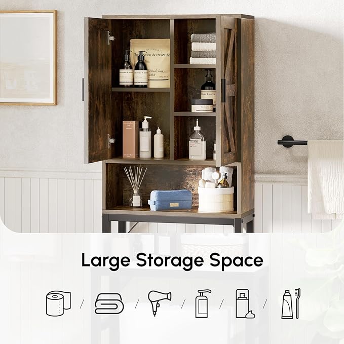 USHOWER Over The Toilet Storage Cabinet, Bathroom Organizers and Storage with Barn Doors, Thicken Metal Stand & MDF Wood Above Toilet Storage Cabinet, Freestanding Space Saver, Brown