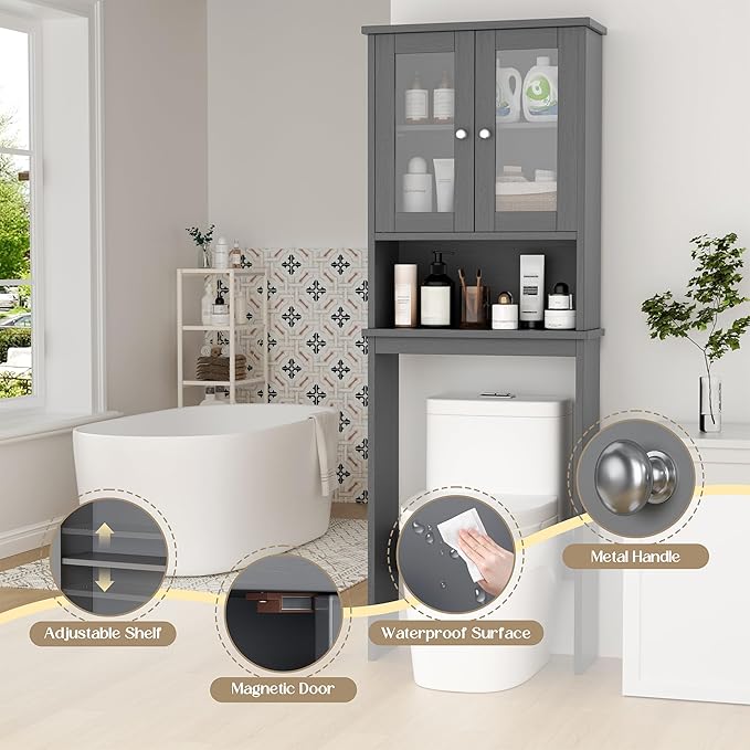 Nuturelly Over The Toilet Storage Cabinet, Bathroom Storage Organizer with Adjustable Shelves and Double Glass Doors, Freestanding Above Toilet Storage with Open Shelf, Wooden Toilet Rack(Gray)