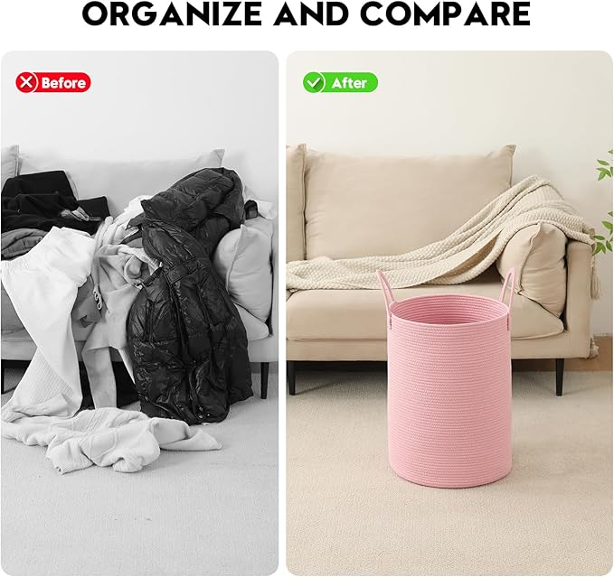 Laundry Basket Hamper Tall Rope Storage Woven for Blanket toys Dirty Clothes in Living Room Bathroom Bedroom (Pink, 60L/15.8Gal)