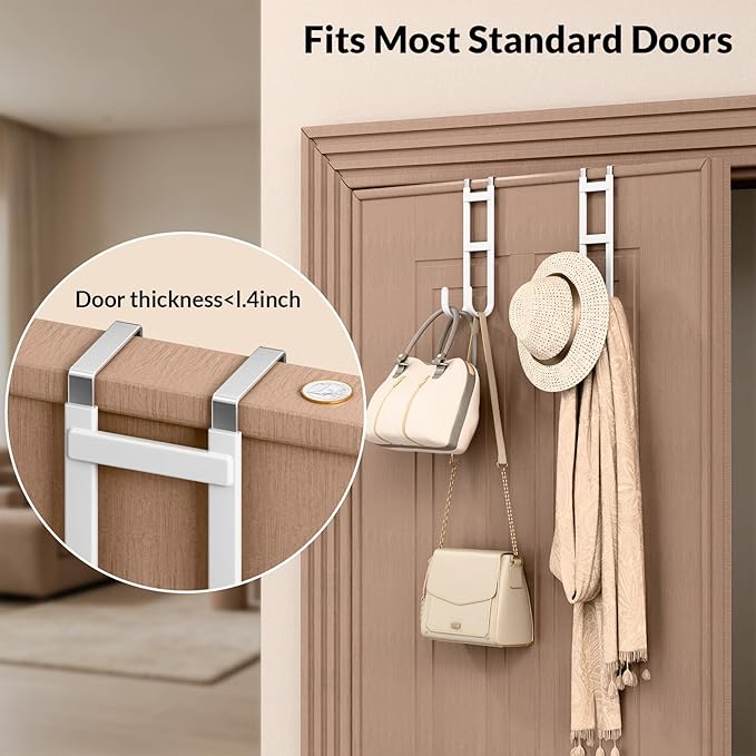 Over the Door Hanger Organizer, Heavy Duty Metal Door Hooks for Hanging, Double Hook Coat Rack with Rubber Coating, Slim Fit Towel Holder, Fits Interior Doors Up to 1 3/8"