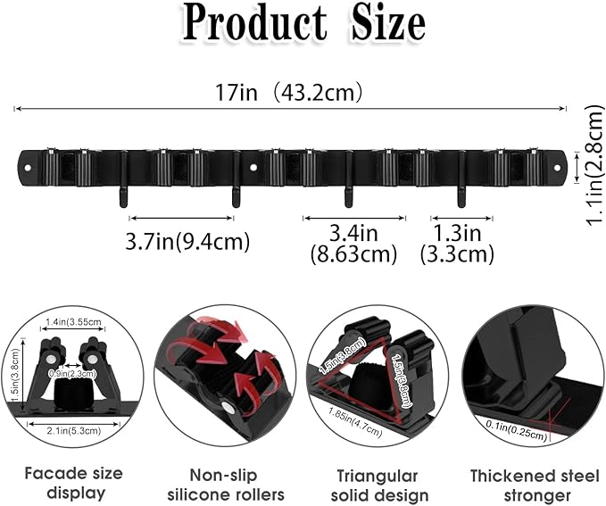 AceMining 2 Pack Black 5 Racks and 4 Hooks Mop and Broom Holder Wall Mount, Broom Organizer Storage Tool Racks Stainless Steel Heavy Duty Hooks Self Adhesive Solid Non-slip for Home Kitchen Garden
