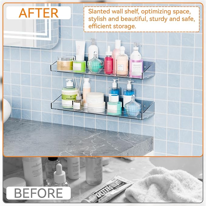 Yieach 6 Pack Shower Shelf for Inside Shower - No Drill Bathroom Adhesive Shower Shelves,Large 15" Clear Wall Mount Bath Organizer,Floating Clear Bathroom Shelves for Makeup,Perfume,Shampoo Holder