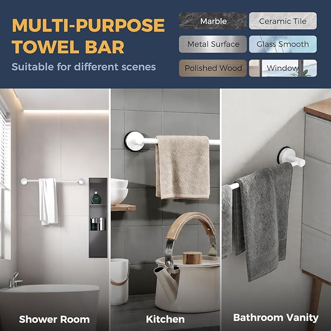 14.6inch~24inch Towel Racks for Bathroom,Adjustable Suction Cup Towel Bar for Bathroom Wall,Stainless Steel Bath Towel Holder for Shower,2 Pack(Bright White)