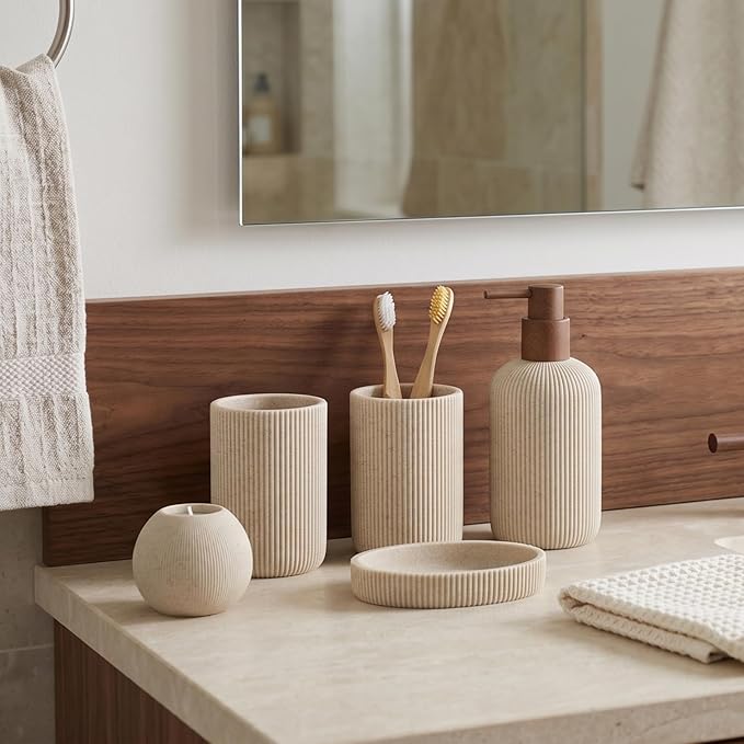 Bathroom Accessories Set, 5 PCS Sandstone Look Stripe Modern Bath Organizer with Soap Dispenser, Toothbrush Holder, Tumbler, Soap Dish, Candle Holder for Countertop Kitchen Sink (Beige)
