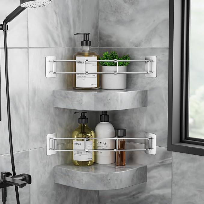songsoso 2 Pack RV Shower Corner Storage Bar, Camper Shower Caddy, 7–13 Inches Adjustable Bathroom Organizer, Stainless RV Wall Accessories