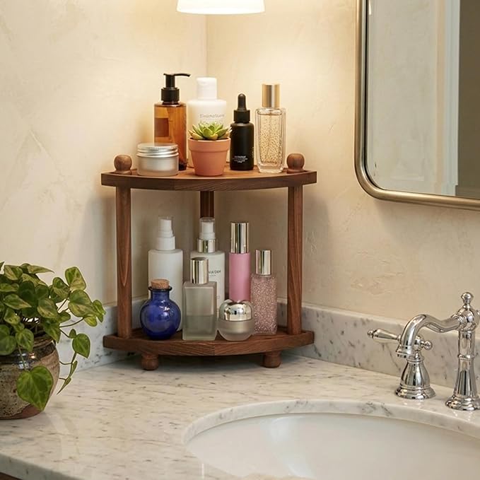 Corner Bathroom Counter Organizer, 2-Tier Bathroom Organizers and Storage, Wooden Vanity Perfume Organizer Makeup Countertop Shelf for Kitchen Dresser