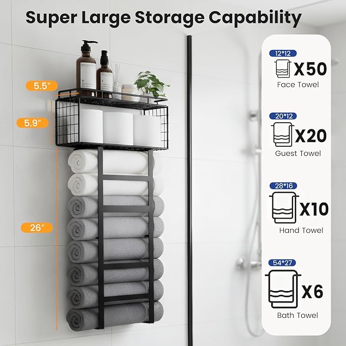 Towel Racks for Bathroom, 32inch Metal Wall Mounted Towel Holder with Storage Basket & Floating Shelf, Towel Storage for Bathroom, Laundry, RV