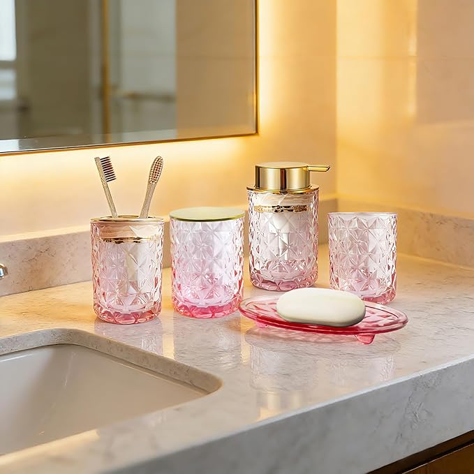 5PCS Bathroom Accessory Set,Pink Bathroom Countertop Organizer Set with Soap Dispenser, Toothbrush Holder, Tumbler, Q-tip Holder & Soap Dish,Elegant Functional Glass Set, Gift for Home & Apartment
