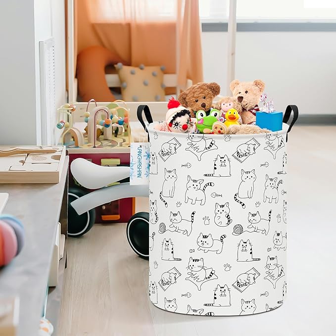 Laundry Basket Canvas Fabric Collapsible Organizer Basket for Storage Bin Toy Bins Gift Baskets Bedroom Clothes Children Nursery Hamper (Cat)