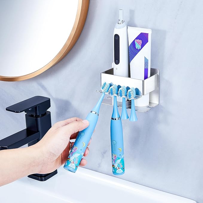 Toothbrush Head Holders, Electric Tooth Brush Head Holder, Adhesive Toothpaste Holder for Shower Bathrooms, Wall Mounted Tooth Brushing Holder Organizer Storage (Silver, Small)