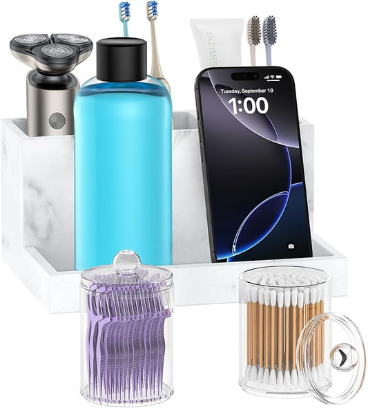 Toothbrush Holder for Bathroom with 2PCS Qtip Holder Dispenser, 3 Slot Bathroom Accessories Holder Floss Cotton Swab Holder Bathroom Vanity Tray for Perfume Comestic Organizer Counter Storage, White
