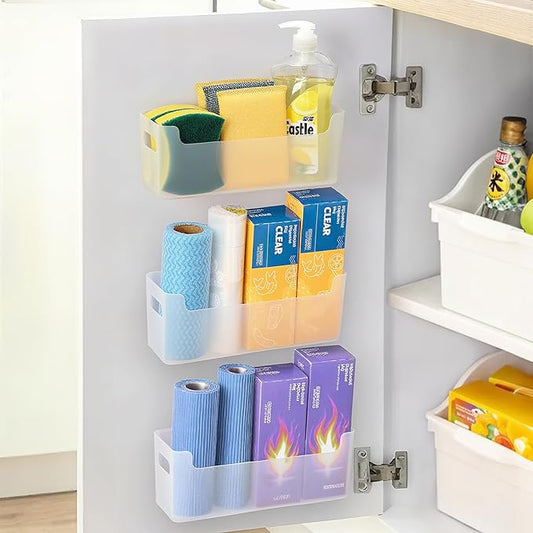 3 Pcs Kitchen Cabinet Door Organizer, Adhesive Mount Inside Cabinet Door Storage, Under Sink Storage Shelf for Kitchen,Bathroom,Office (Transparent)
