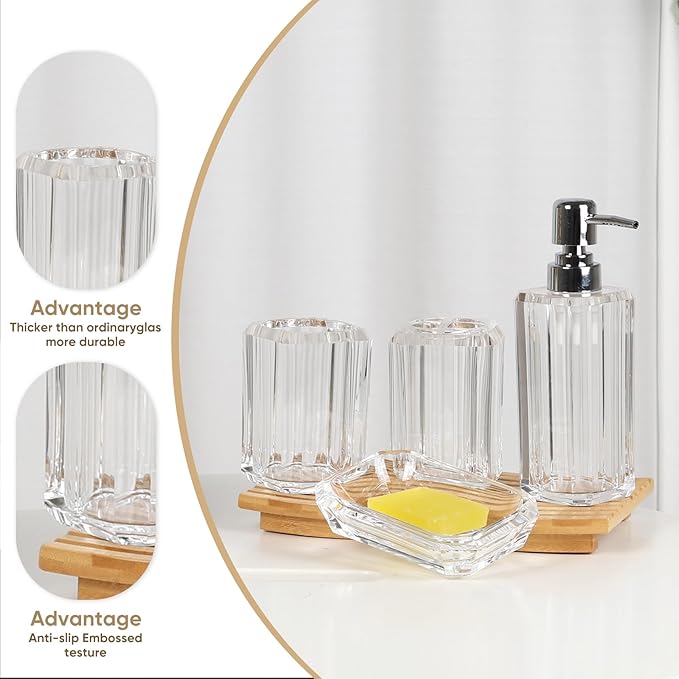4-Piece Bathroom Accessories Set - Crystal Clear Acrylic, Glass-Like Clarity - Soap Dispenser, Soap Dish, Mouthwash Cup & Toothbrush Holder - Countertop Organizer, Matches Any Decor
