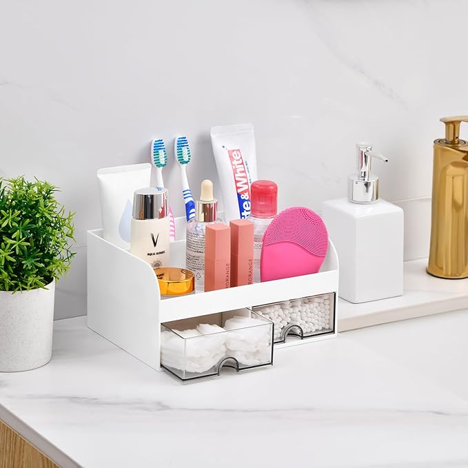 VITVITI Toothbrush Holders for Bathroom Sink, 4 Slots Bathroom Countertop Organizer with 2 Drawers, Plastic Kids Toothpaste Holder Bathrooms Counter Organizer for Vanity, White