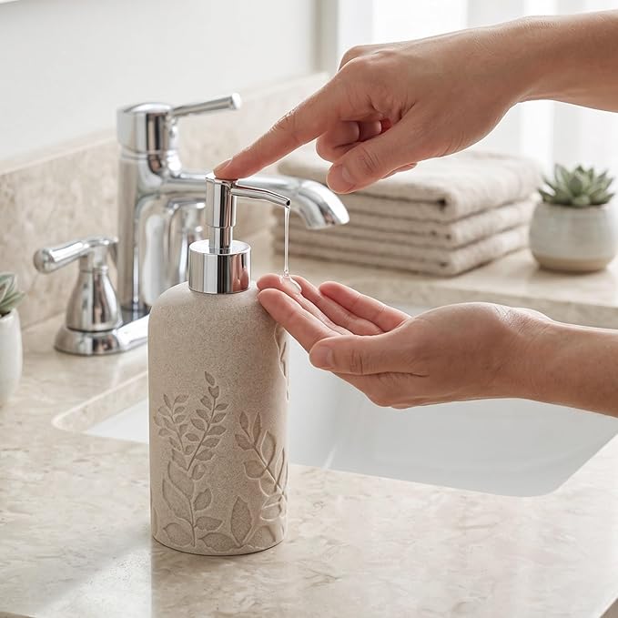 Bathroom Accessories Set, 4 PCS Bathroom Accessory Sets with Soap Dispenser 13 OZ, Toothbrush Holder, Tumbler, Soap Dish, Bathroom Countertop Organizer, Sea Bathroom Decor (Leaf Beach)