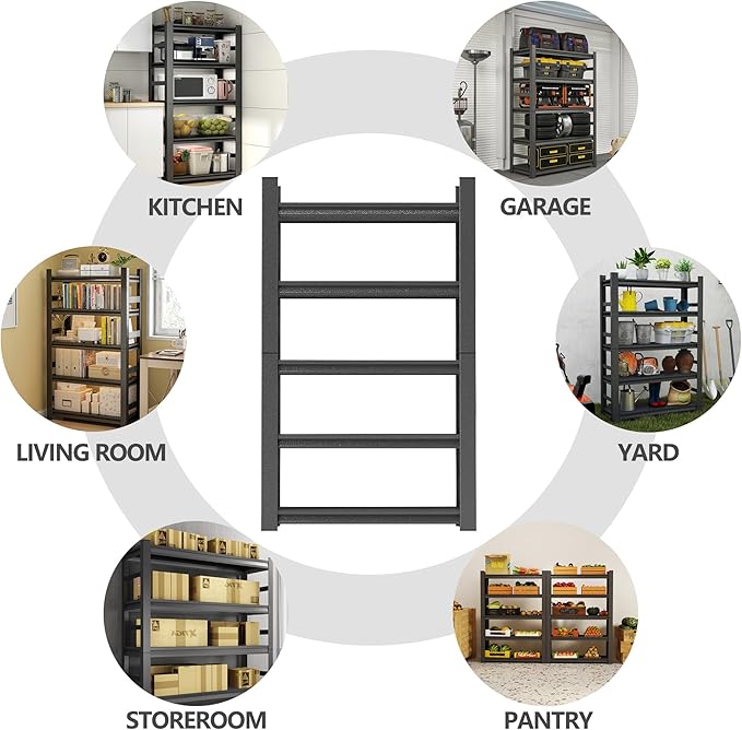 5-Tier Kitchen Shelf Organizer, Solid Metal Adjustable Storage Rack for Pots, Pans, Bottles & Pantry Goods, Space-Saving, Black 72''H×35.4''W×15.7''D